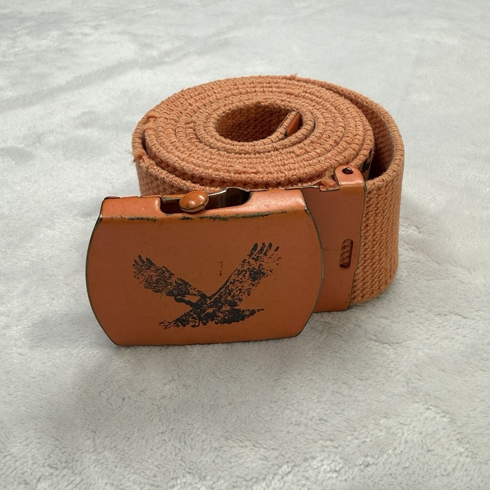 American Eagle Orange Web Belt Eagle Buckle Canvas Military Style Y2K